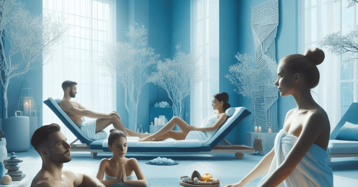 a group of people relaxing in a spa, blue theme.png